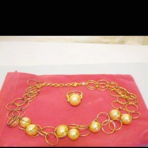 Pearlfection Faux Golden South Sea Pearl Necklace & Faux Pearl Golden Ring 7